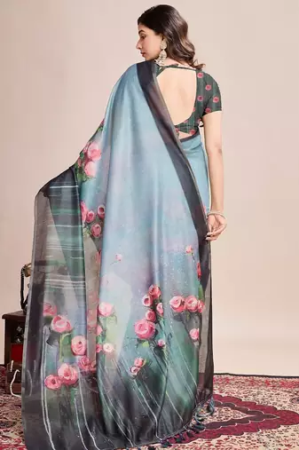 Multicolor printed floral print geometric print cotton linen bollywood saree with blouse