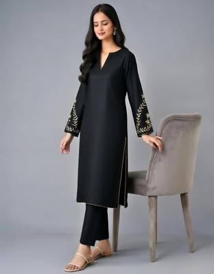 Black embroidered rayon kurta set 3