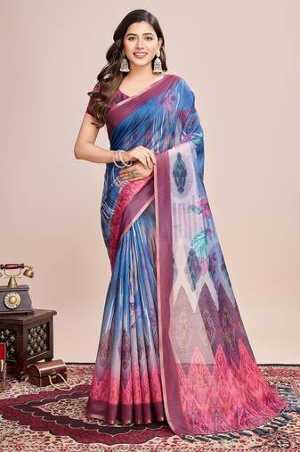 Multicolor printed floral print geometric print cotton linen bollywood saree with blouse