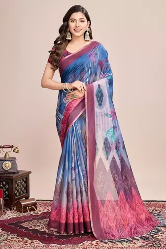 Multicolor printed floral print geometric print cotton linen bollywood saree with blouse