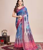 Multicolor printed floral print geometric print cotton linen bollywood saree with blouse