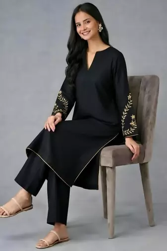 Black embroidered rayon kurta set
