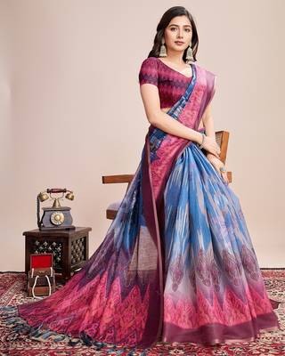 Multicolor printed floral print geometric print cotton linen bollywood saree with blouse 2
