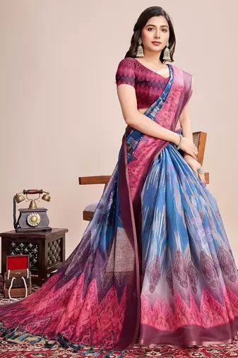 Multicolor printed floral print geometric print cotton linen bollywood saree with blouse