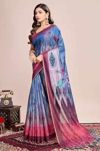 Multicolor printed floral print geometric print cotton linen bollywood saree with blouse