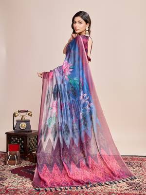 Multicolor printed floral print geometric print cotton linen bollywood saree with blouse 4