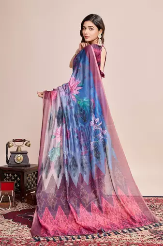 Multicolor printed floral print geometric print cotton linen bollywood saree with blouse