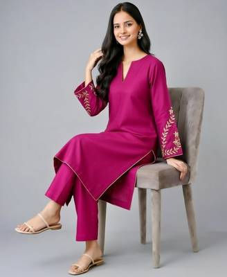 Pink embroidered rayon kurta set 4