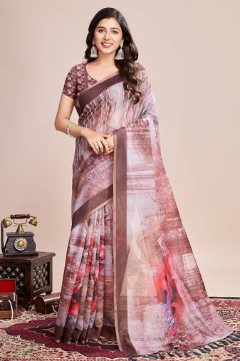 Multicolor printed floral print geometric print cotton linen bollywood saree with blouse