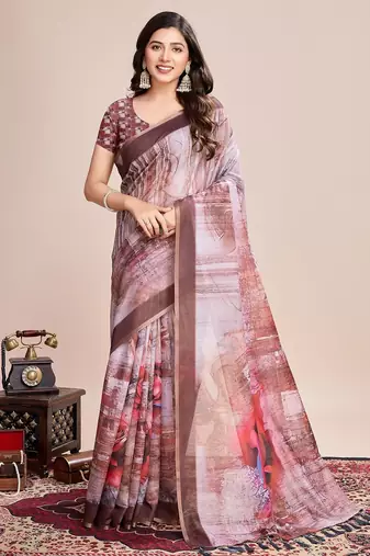 Multicolor printed floral print geometric print cotton linen bollywood saree with blouse