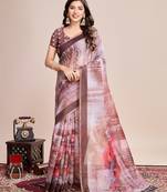 Multicolor printed floral print geometric print cotton linen bollywood saree with blouse