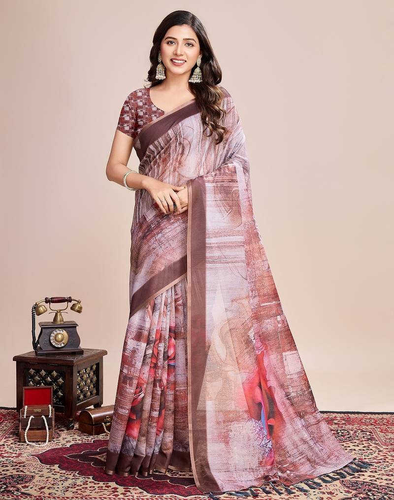 Multicolor printed floral print geometric print cotton linen bollywood saree with blouse