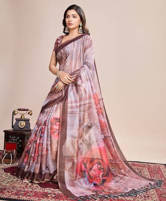Multicolor printed floral print geometric print cotton linen bollywood saree with blouse 2