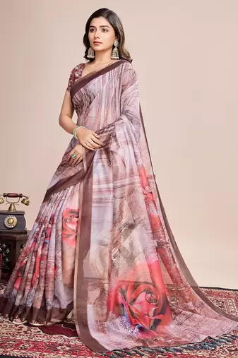 Multicolor printed floral print geometric print cotton linen bollywood saree with blouse