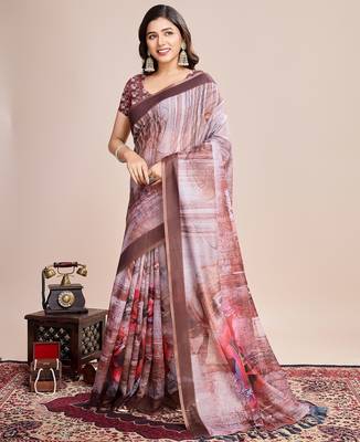 Multicolor printed floral print geometric print cotton linen bollywood saree with blouse 3