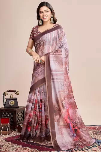 Multicolor printed floral print geometric print cotton linen bollywood saree with blouse
