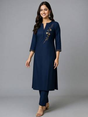 Navy embroidered rayon kurta set 2