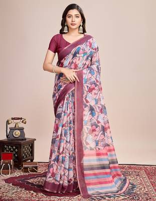 Multicolor printed floral print geometric print cotton linen bollywood saree with blouse 1