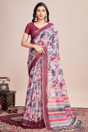 Multicolor printed floral print geometric print cotton linen bollywood saree with blouse