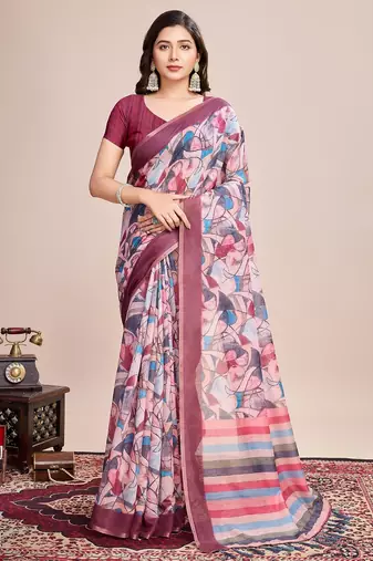 Multicolor printed floral print geometric print cotton linen bollywood saree with blouse