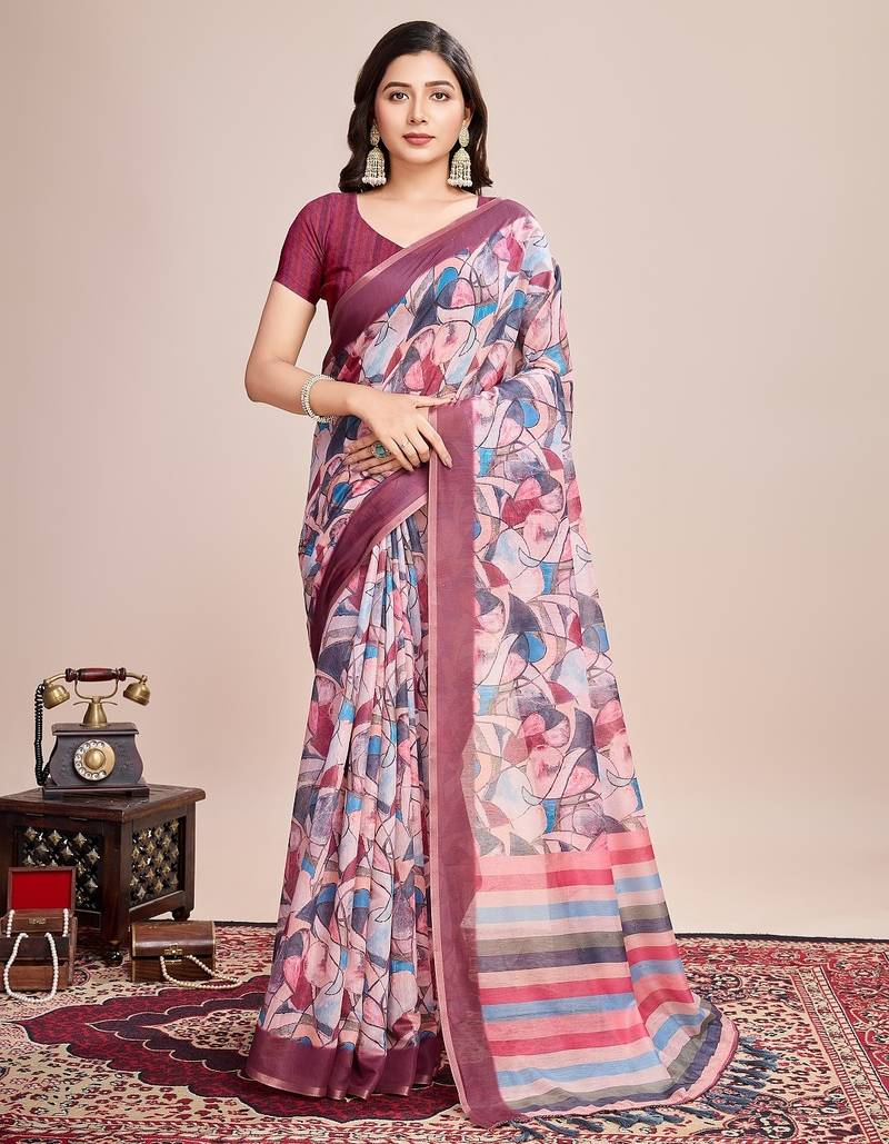 Multicolor printed floral print geometric print cotton linen bollywood saree with blouse