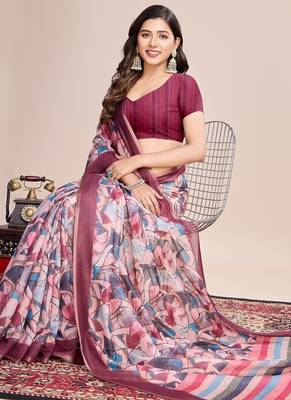 Multicolor printed floral print geometric print cotton linen bollywood saree with blouse 2