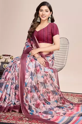 Multicolor printed floral print geometric print cotton linen bollywood saree with blouse