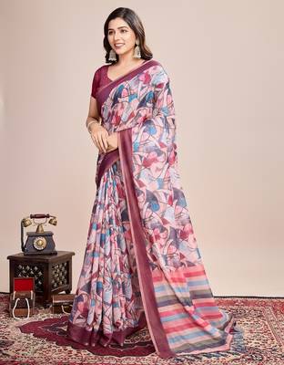 Multicolor printed floral print geometric print cotton linen bollywood saree with blouse 3