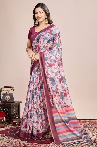 Multicolor printed floral print geometric print cotton linen bollywood saree with blouse