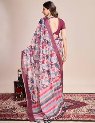 Multicolor printed floral print geometric print cotton linen bollywood saree with blouse 4