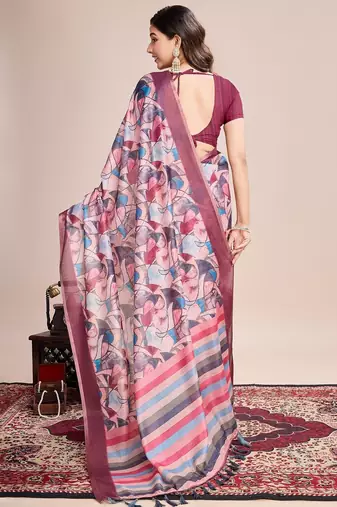 Multicolor printed floral print geometric print cotton linen bollywood saree with blouse