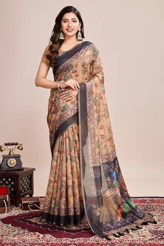 Multicolor printed floral print geometric print cotton linen bollywood saree with blouse