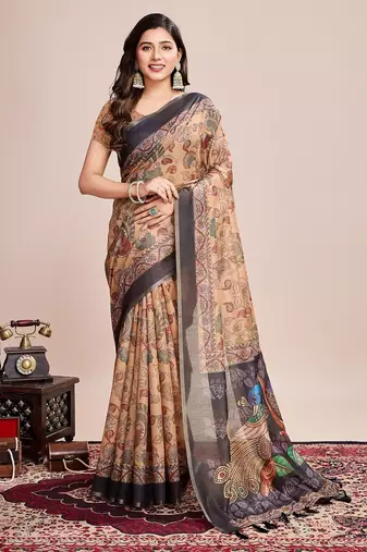 Multicolor printed floral print geometric print cotton linen bollywood saree with blouse