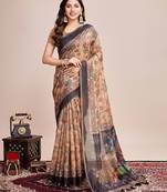 Multicolor printed floral print geometric print cotton linen bollywood saree with blouse