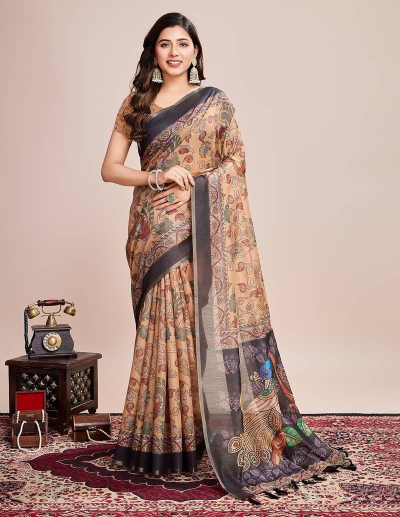 Multicolor printed floral print geometric print cotton linen bollywood saree with blouse