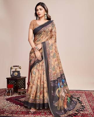 Multicolor printed floral print geometric print cotton linen bollywood saree with blouse 2