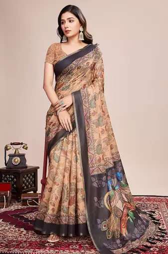 Multicolor printed floral print geometric print cotton linen bollywood saree with blouse