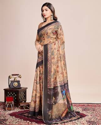 Multicolor printed floral print geometric print cotton linen bollywood saree with blouse 3