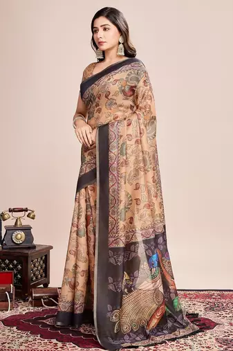 Multicolor printed floral print geometric print cotton linen bollywood saree with blouse