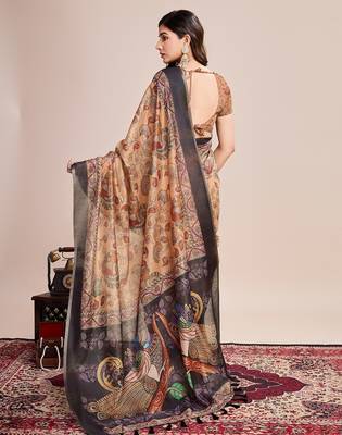 Multicolor printed floral print geometric print cotton linen bollywood saree with blouse 4
