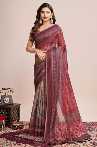 Multicolor printed floral print geometric print cotton linen bollywood saree with blouse
