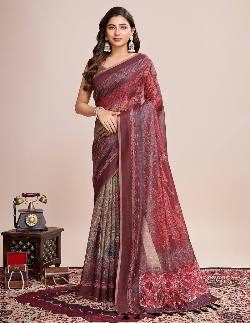 Multicolor printed floral print geometric print cotton linen bollywood saree with blouse