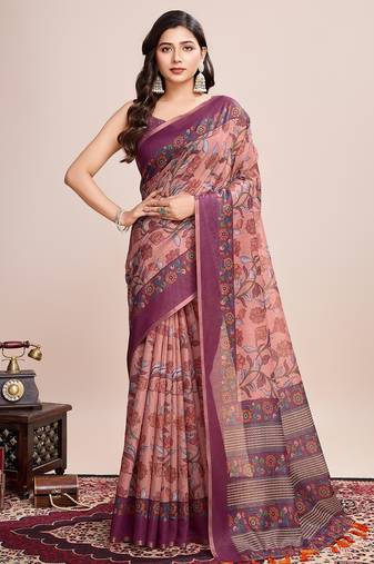 Multicolor printed floral print geometric print cotton linen bollywood saree with blouse