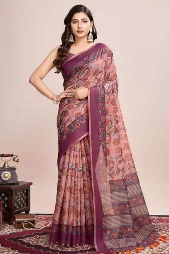Multicolor printed floral print geometric print cotton linen bollywood saree with blouse