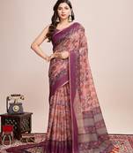 Multicolor printed floral print geometric print cotton linen bollywood saree with blouse