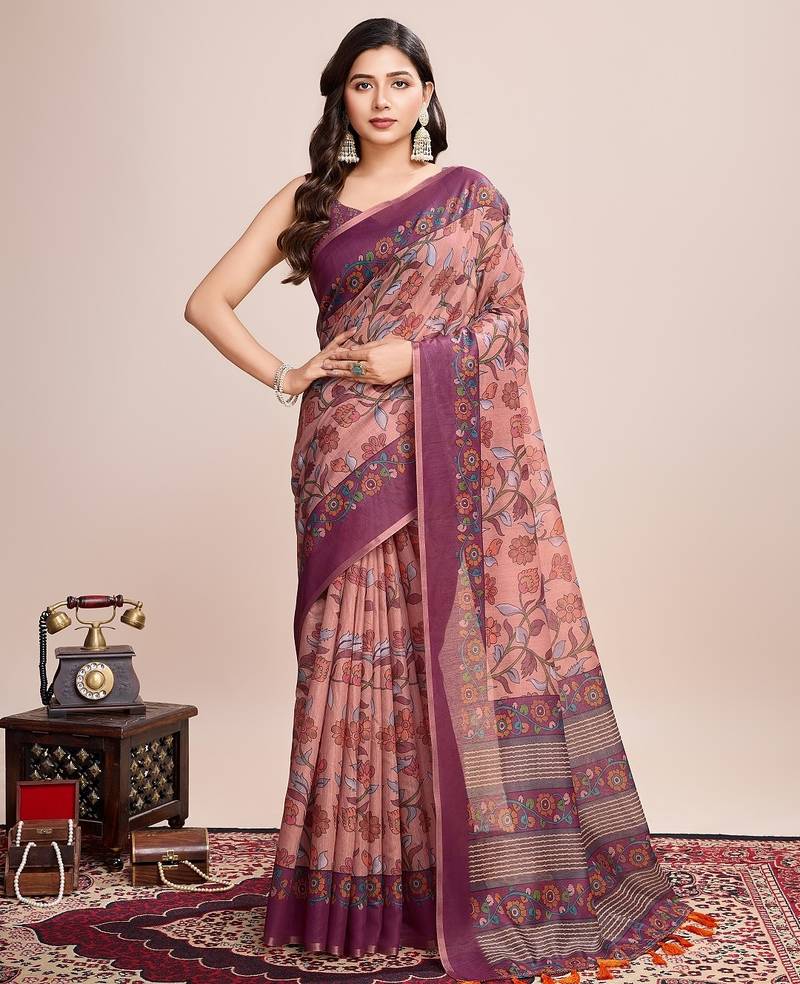 Multicolor printed floral print geometric print cotton linen bollywood saree with blouse