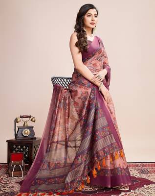 Multicolor printed floral print geometric print cotton linen bollywood saree with blouse 2