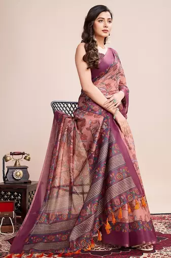Multicolor printed floral print geometric print cotton linen bollywood saree with blouse