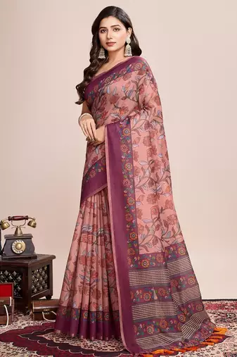 Multicolor printed floral print geometric print cotton linen bollywood saree with blouse