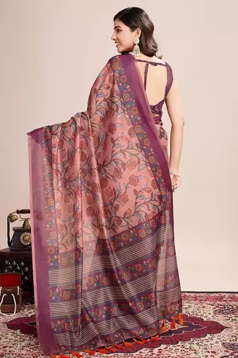 Multicolor printed floral print geometric print cotton linen bollywood saree with blouse